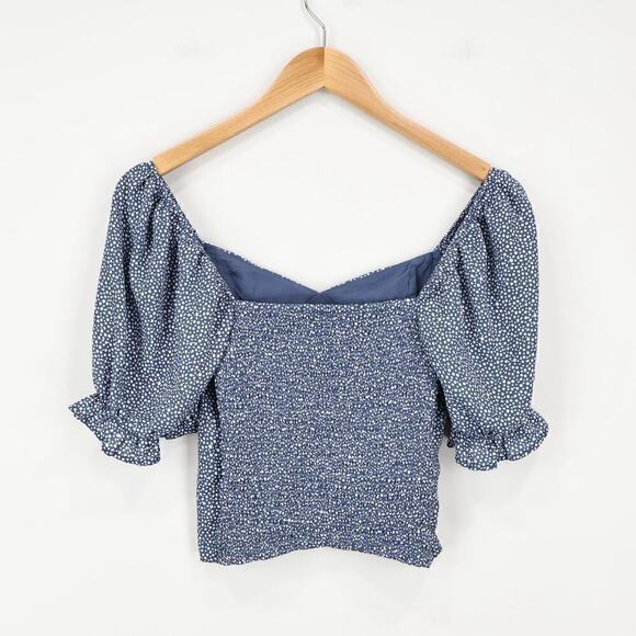 Abercrombie & Fitch Puff Sleeve Semi Cropped Babydoll Blouse Blue Dot Print XS - Picture 5 of 7